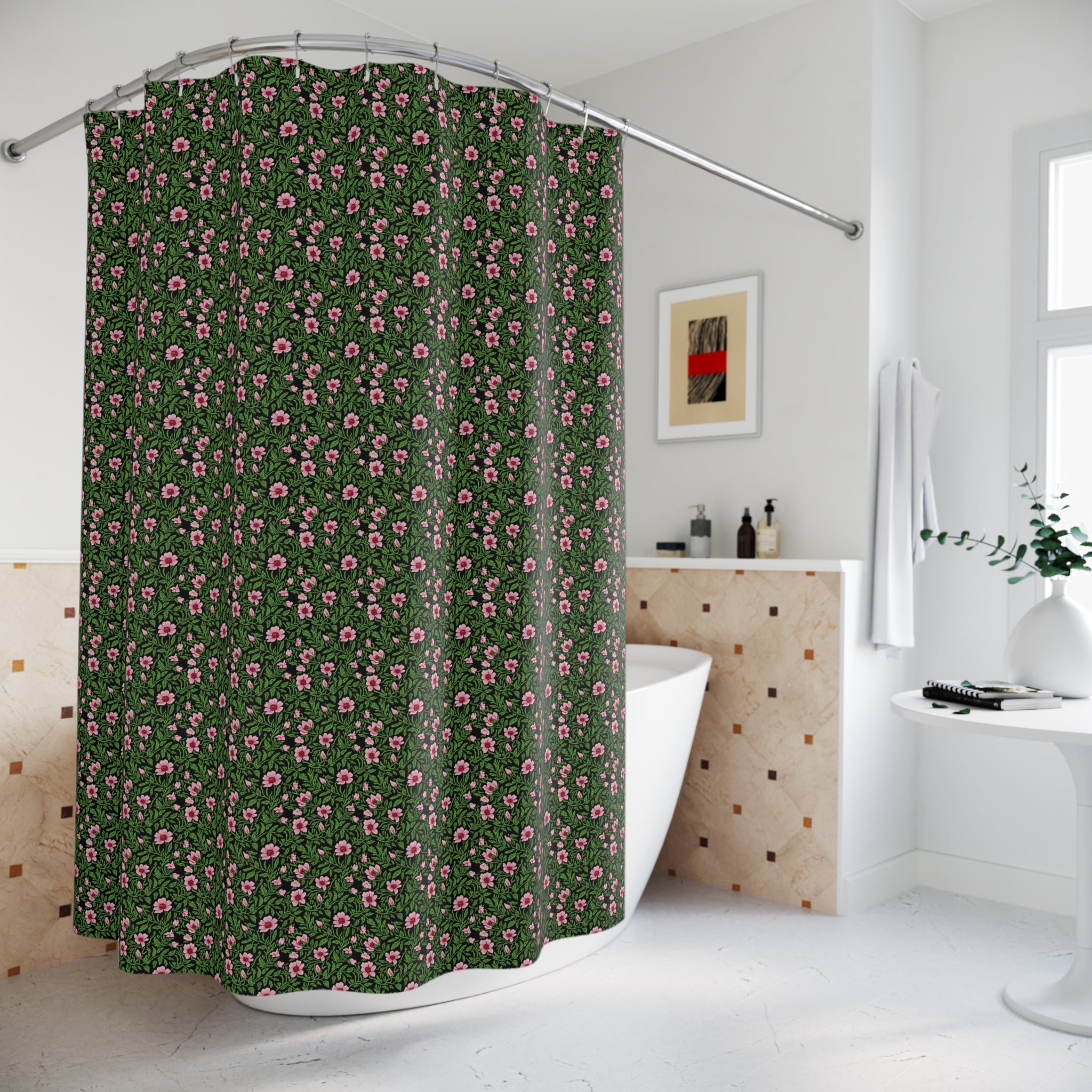 Floral Shower Curtain - Dark Green Pink Wildflower Pattern