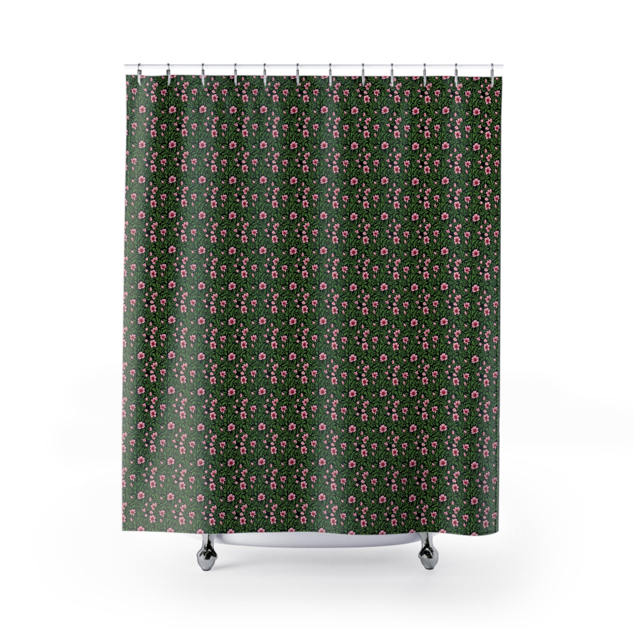Floral Shower Curtain - Dark Green Pink Wildflower Pattern