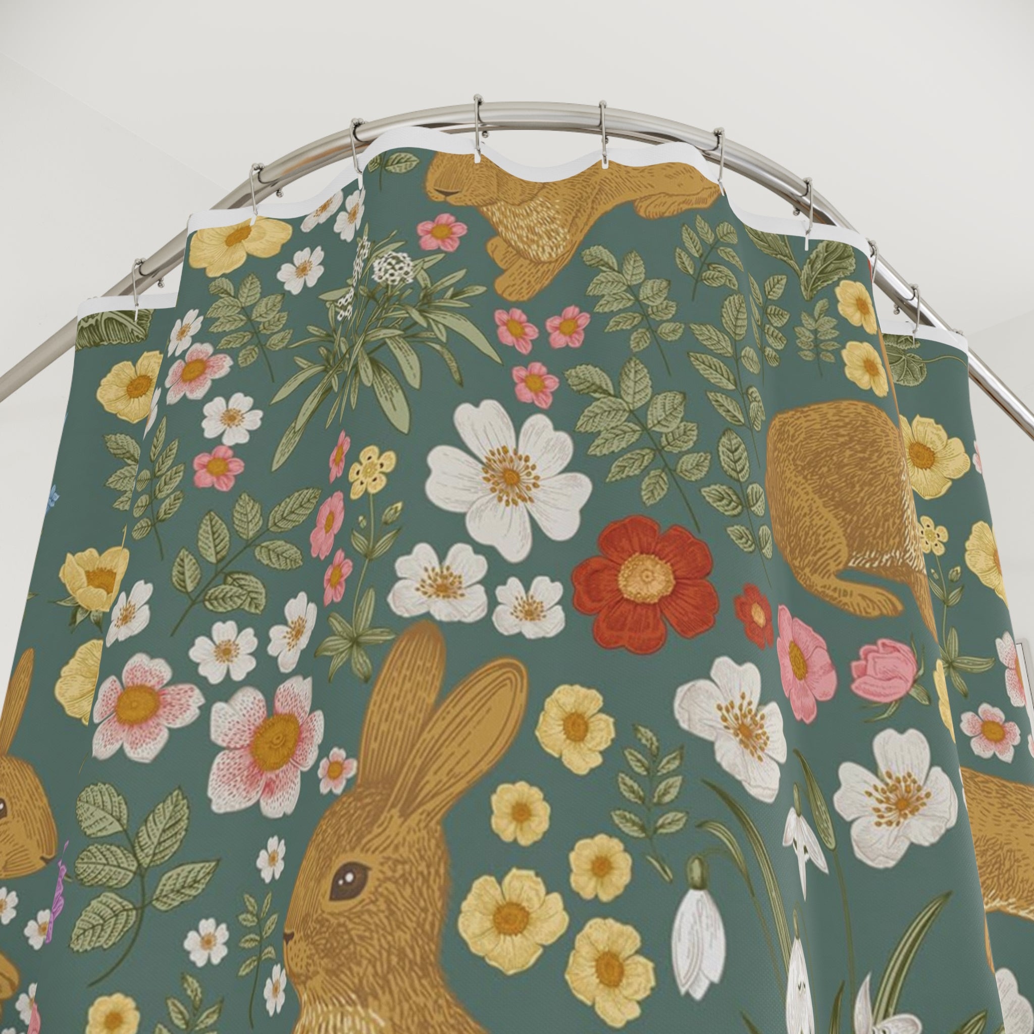 Floral Bunny Shower Curtain — Botanical Rabbit Pattern for Spring Bath Decor