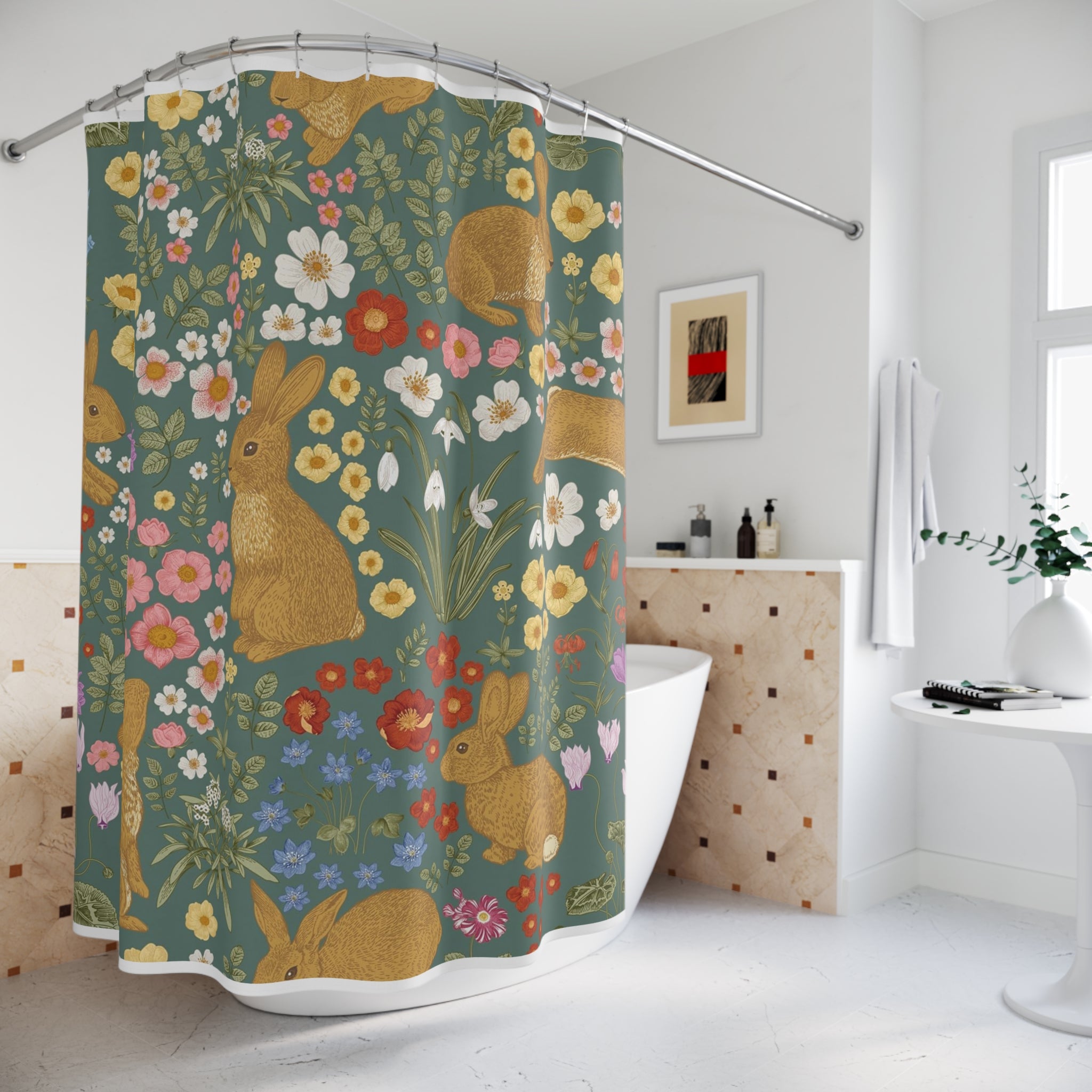 Floral Bunny Shower Curtain — Botanical Rabbit Pattern for Spring Bath Decor