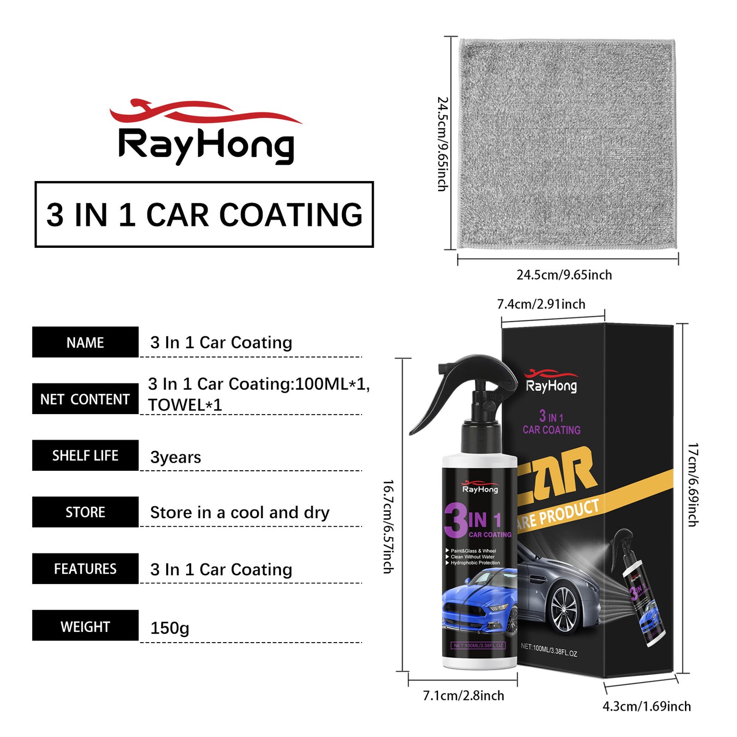 Rayhong 3-in-1 Car Paint Spray Car Surface Brightening Dustproof Anti-fouling Maintenance Polishing Paint Spray
