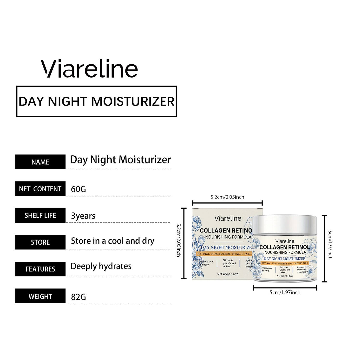 Viareline Retinol Moisturizing Cream Gentle Care Facial Skin Lubricating Elastic Tender Nourishing Moisturizing Cream