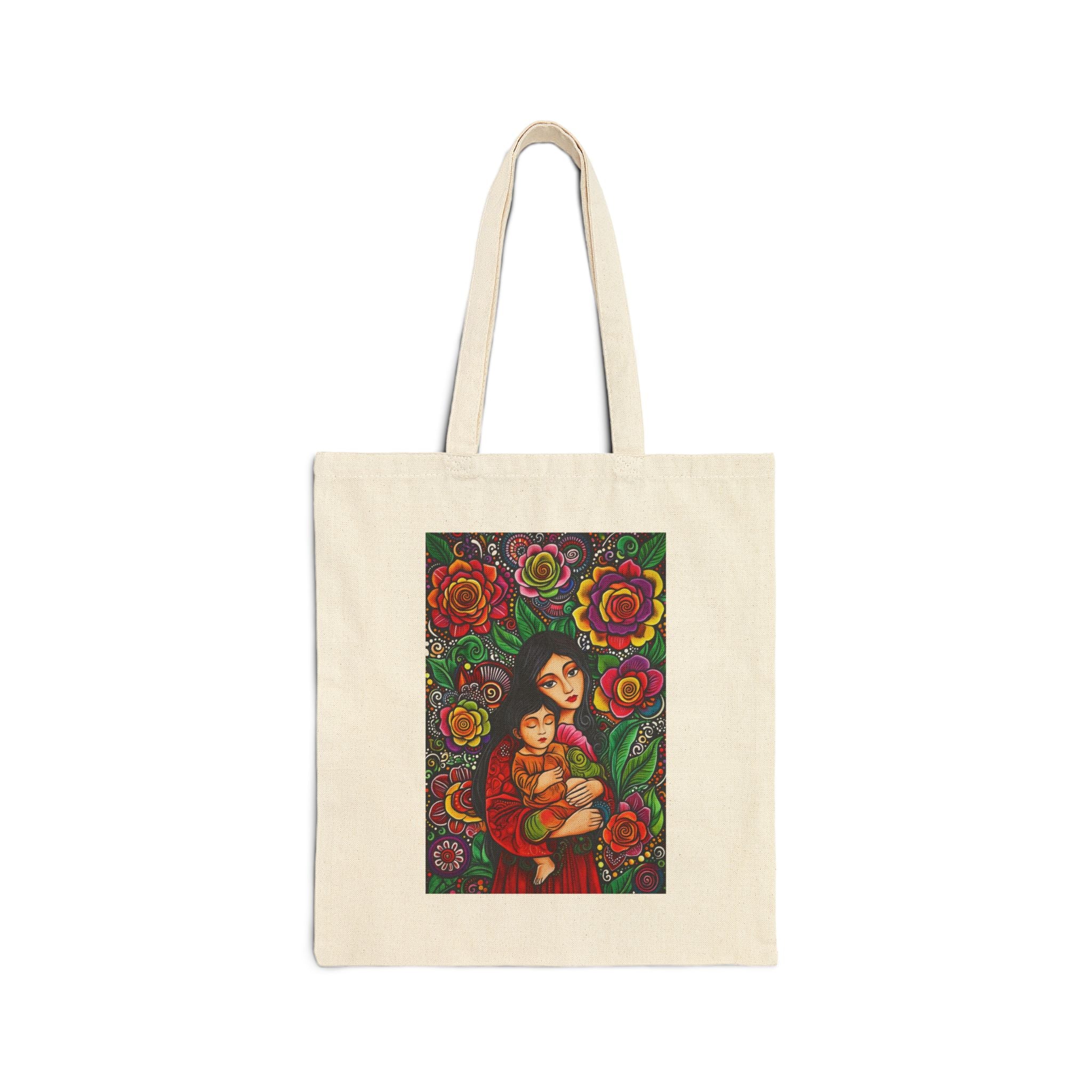 Mother & Child Floral Tote Bag – Boho Canvas Market Tote with Colorful Folk Art Design