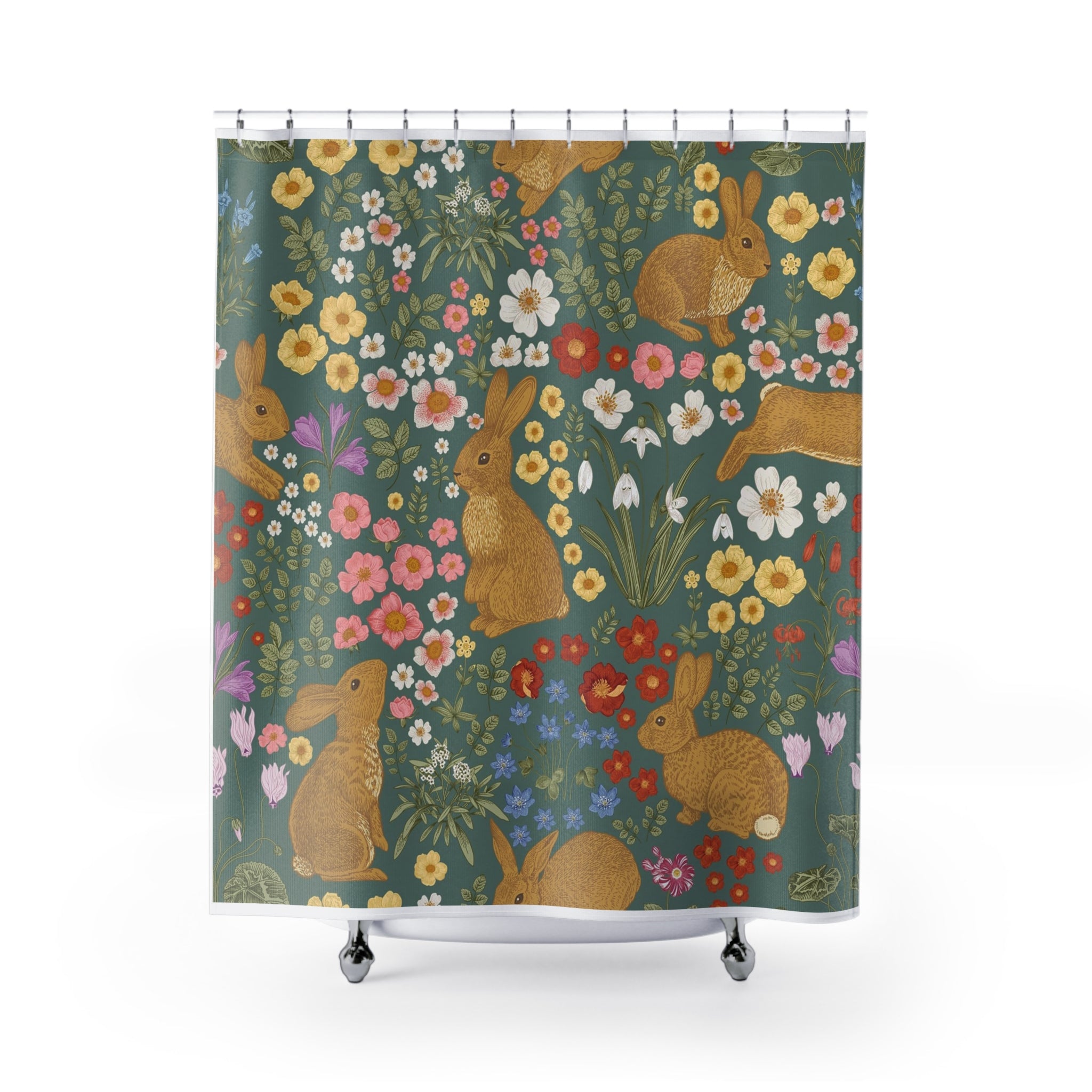 Floral Bunny Shower Curtain — Botanical Rabbit Pattern for Spring Bath Decor