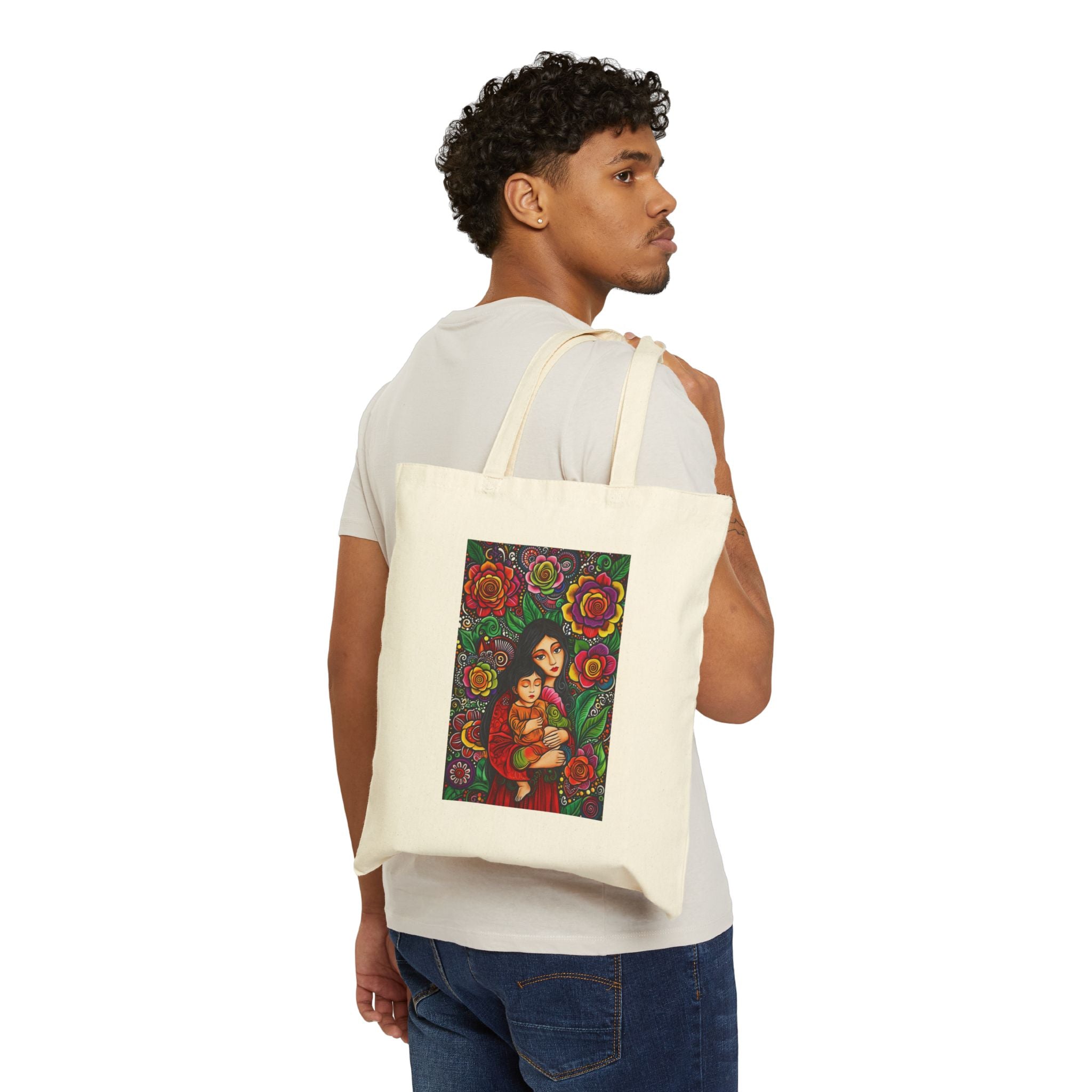 Mother & Child Floral Tote Bag – Boho Canvas Market Tote with Colorful Folk Art Design