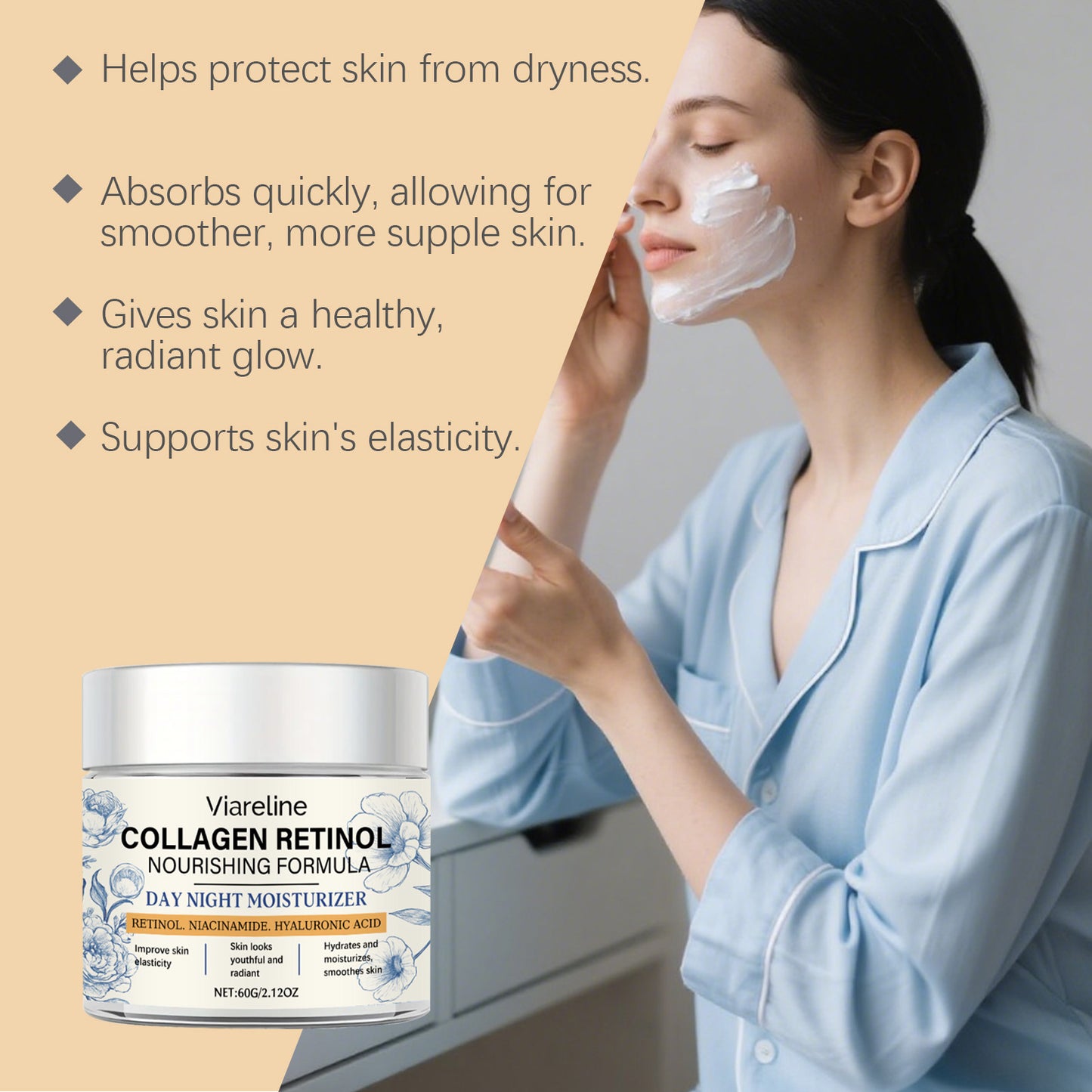 Viareline Retinol Moisturizing Cream Gentle Care Facial Skin Lubricating Elastic Tender Nourishing Moisturizing Cream