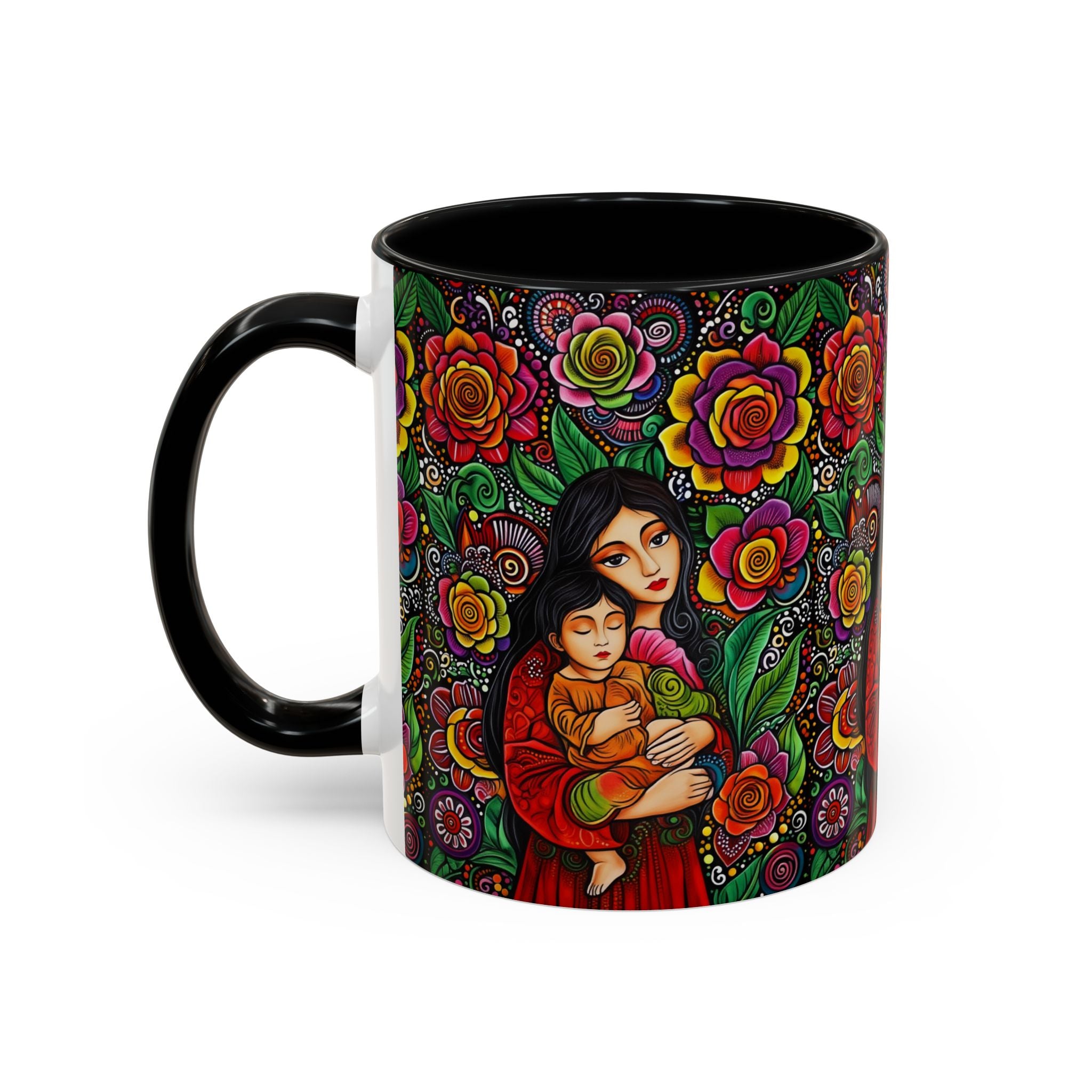 Mother and Child Floral Coffee Mug — Colorful Folk Art Accent Mug