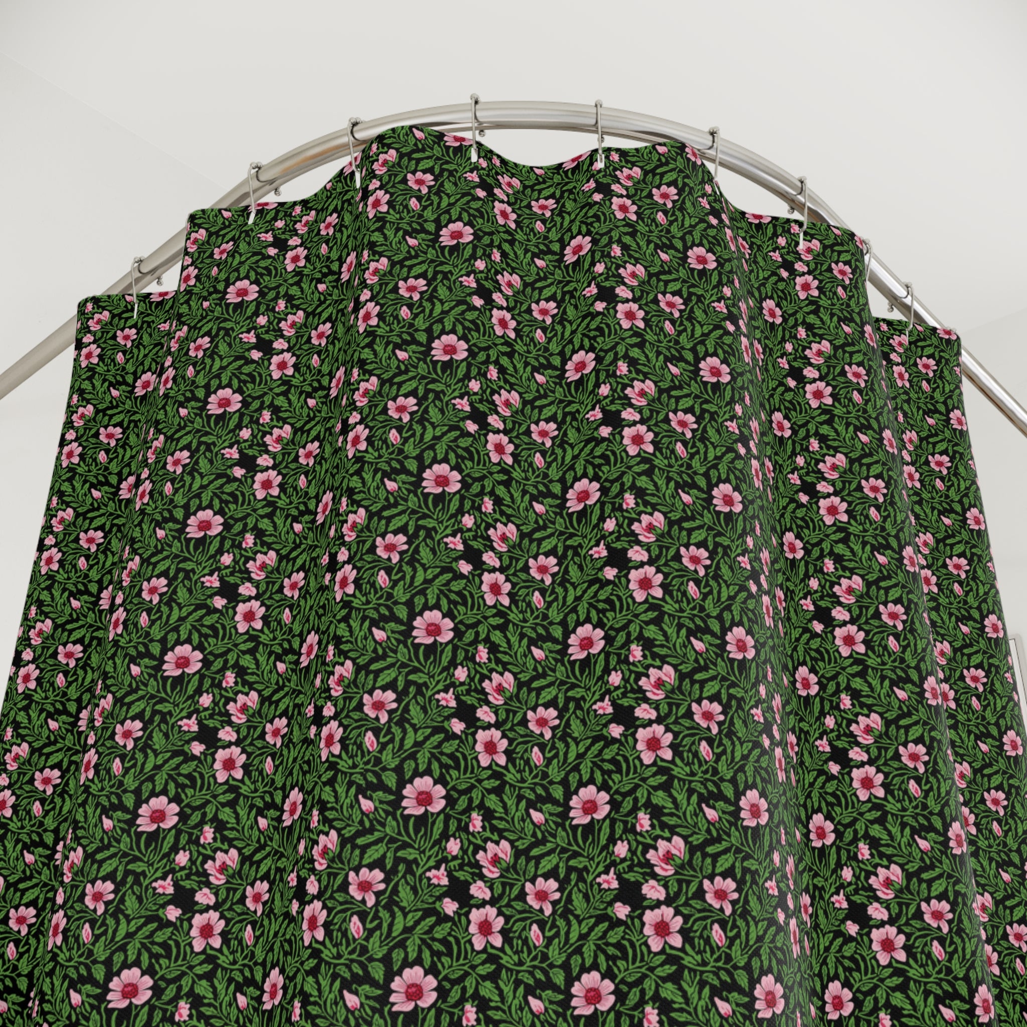 Floral Shower Curtain - Dark Green Pink Wildflower Pattern