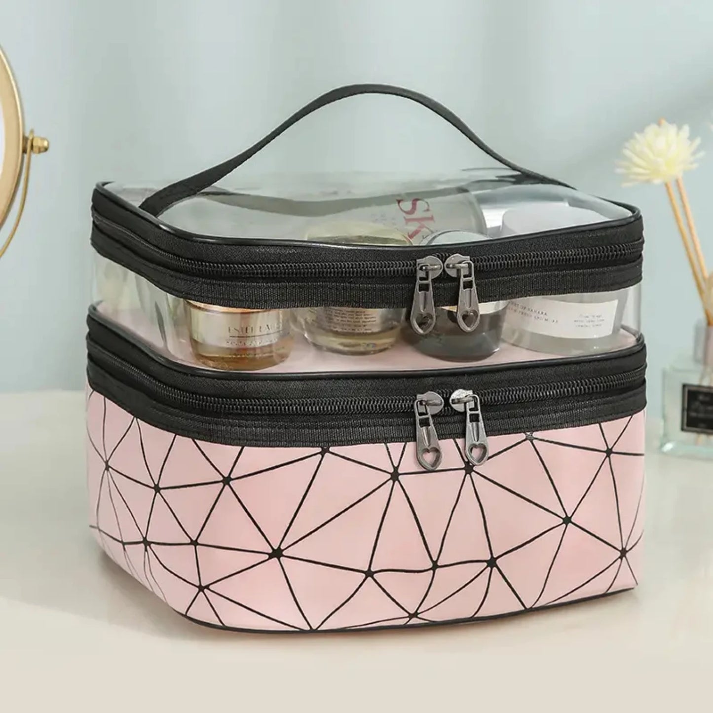 Portable Clear Waterproof Makeup Bag Organizers with Double Layer Design for Travel, Zippered Cosmetic Tote Bag