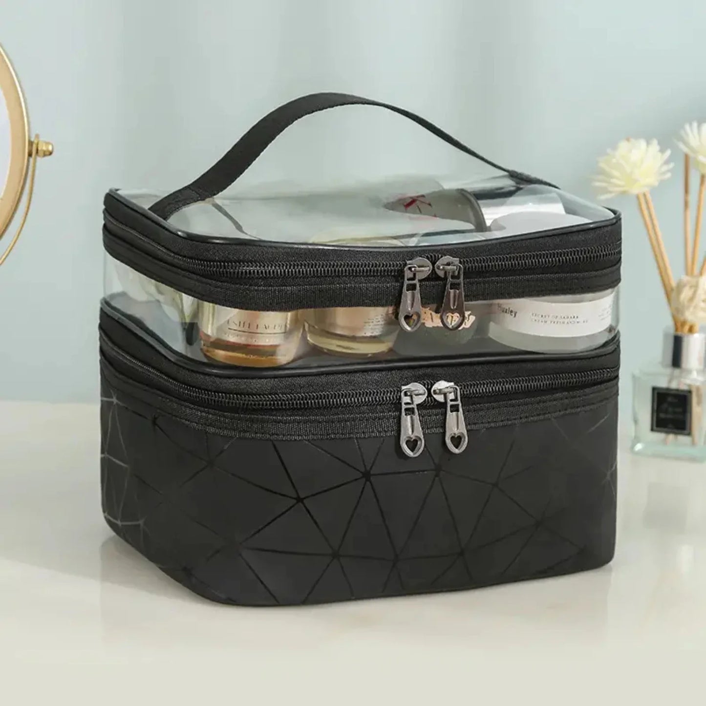 Portable Clear Waterproof Makeup Bag Organizers with Double Layer Design for Travel, Zippered Cosmetic Tote Bag