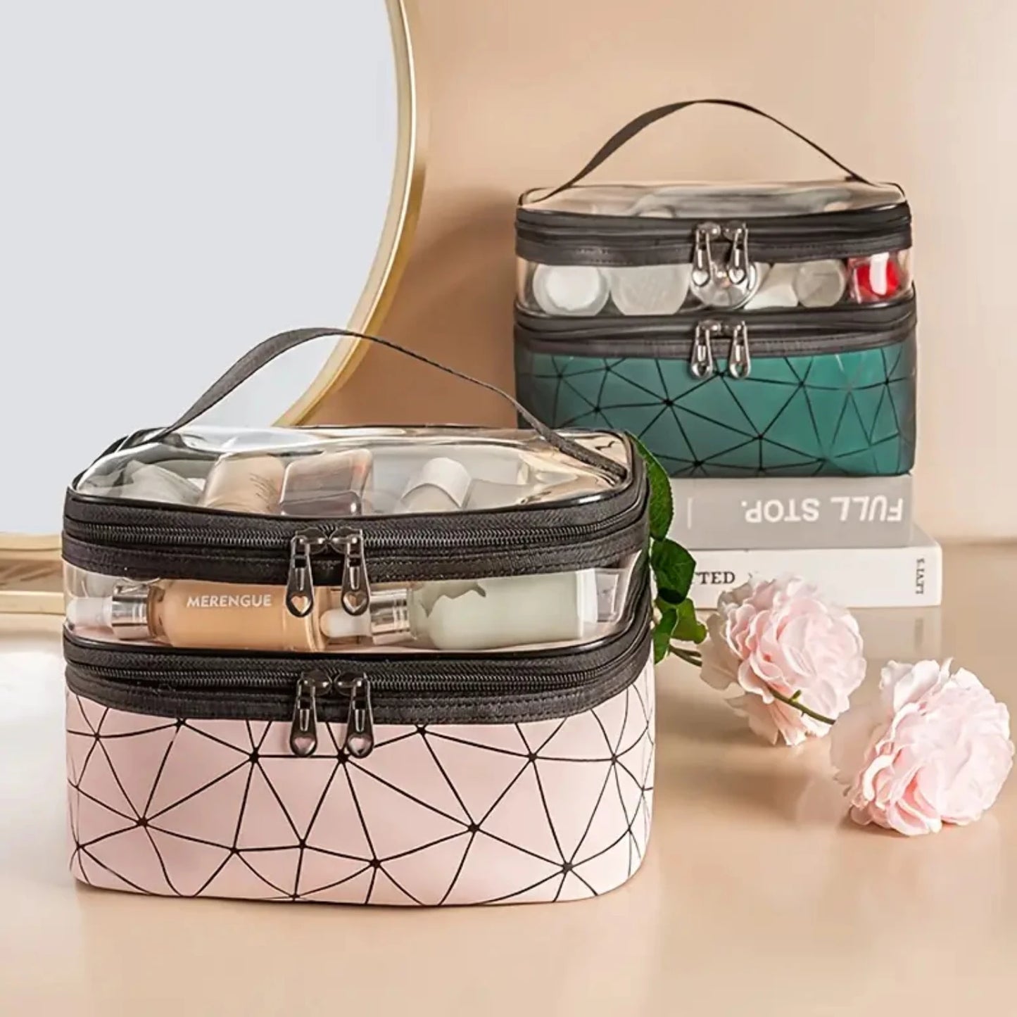 Portable Clear Waterproof Makeup Bag Organizers with Double Layer Design for Travel, Zippered Cosmetic Tote Bag