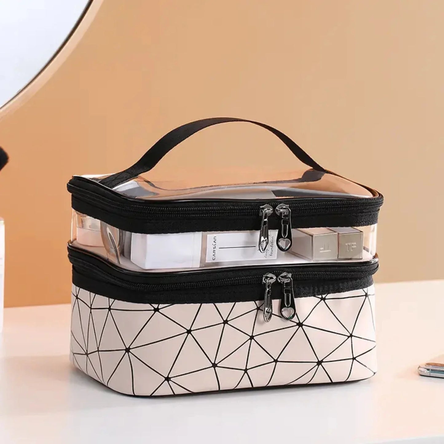 Portable Clear Waterproof Makeup Bag Organizers with Double Layer Design for Travel, Zippered Cosmetic Tote Bag