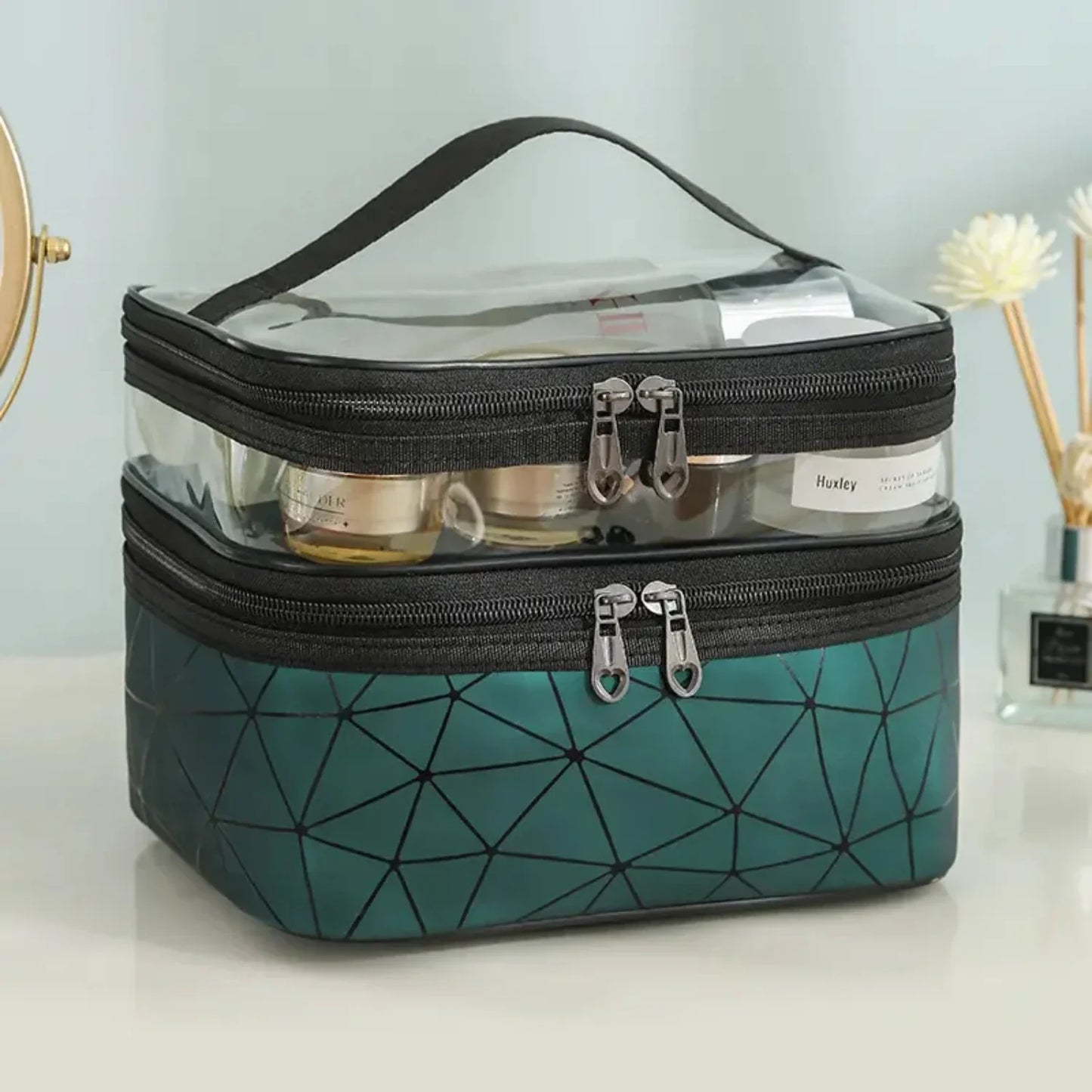 Portable Clear Waterproof Makeup Bag Organizers with Double Layer Design for Travel, Zippered Cosmetic Tote Bag