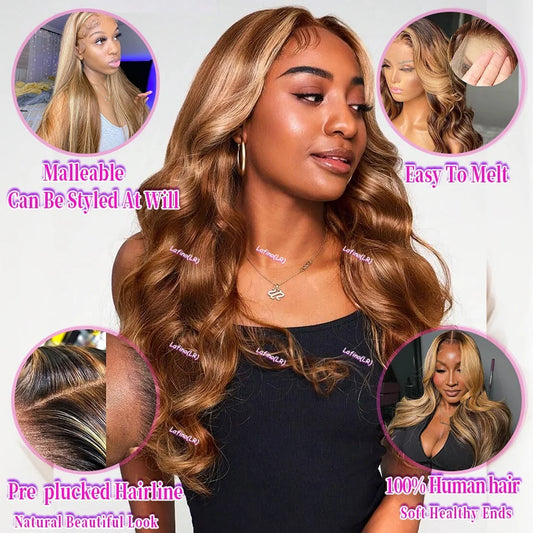 Highlight 13x6 Hd Lace Body Wave Frontal Wig Brazilian Colored Highlight Human Hair Wigs For Women 4/27 Blonde Pre Plucked Wigs