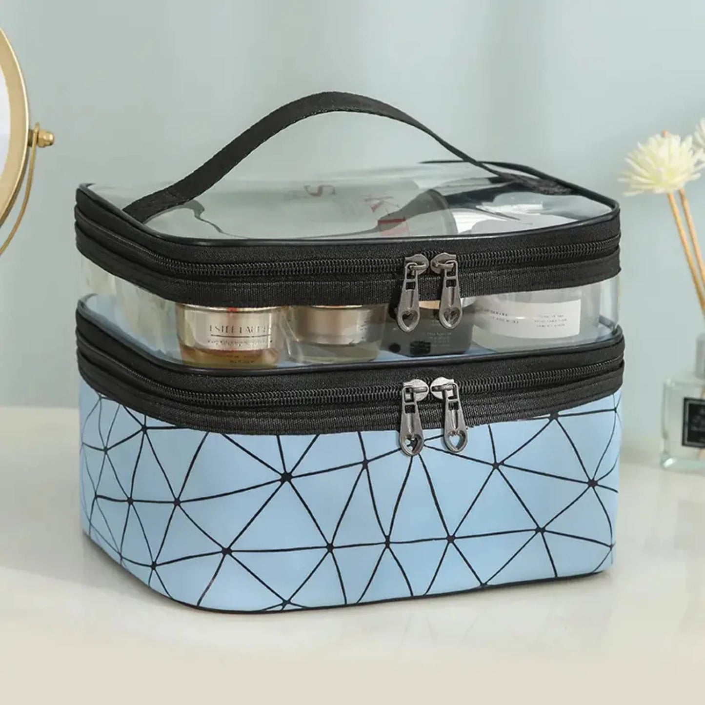 Portable Clear Waterproof Makeup Bag Organizers with Double Layer Design for Travel, Zippered Cosmetic Tote Bag