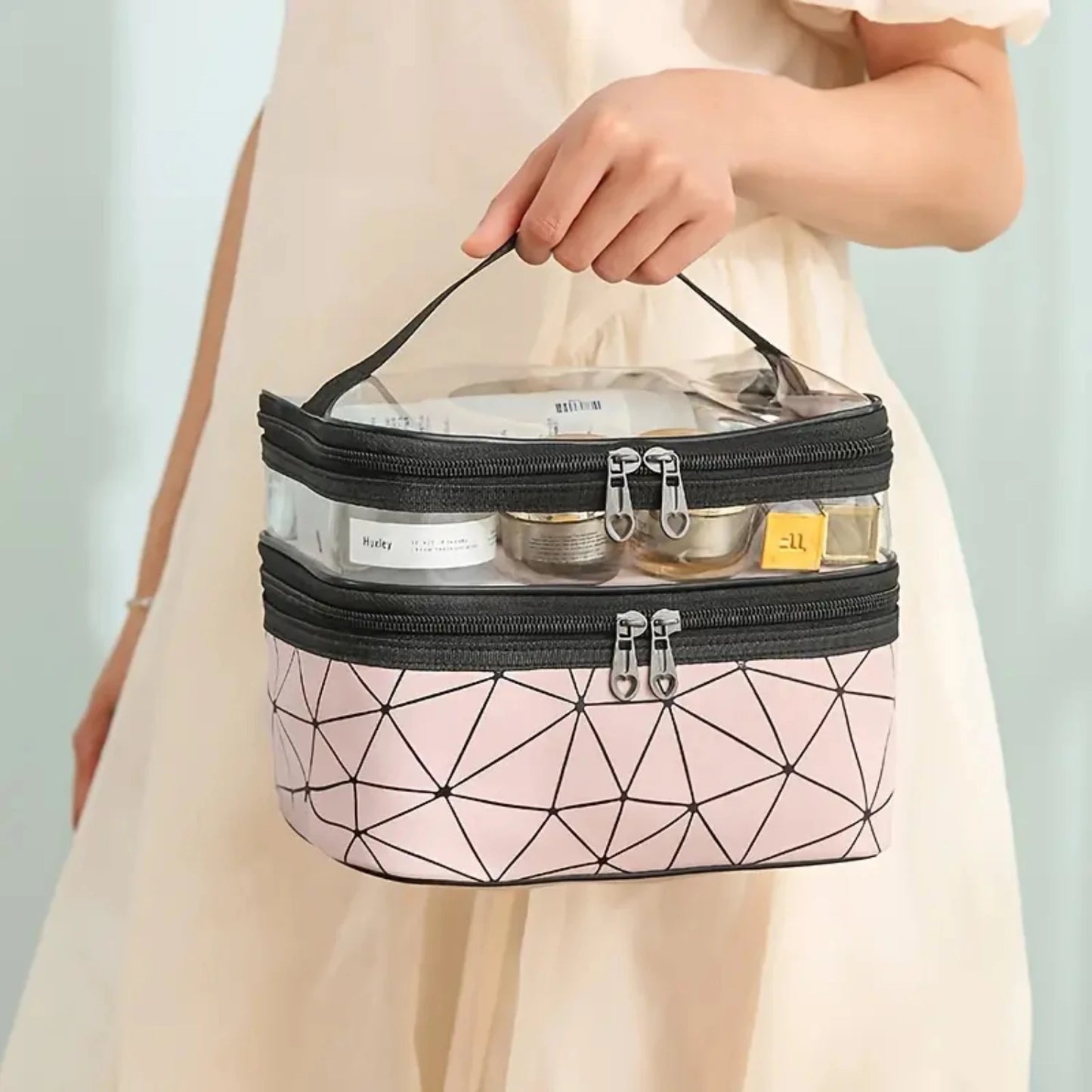 Portable Clear Waterproof Makeup Bag Organizers with Double Layer Design for Travel, Zippered Cosmetic Tote Bag