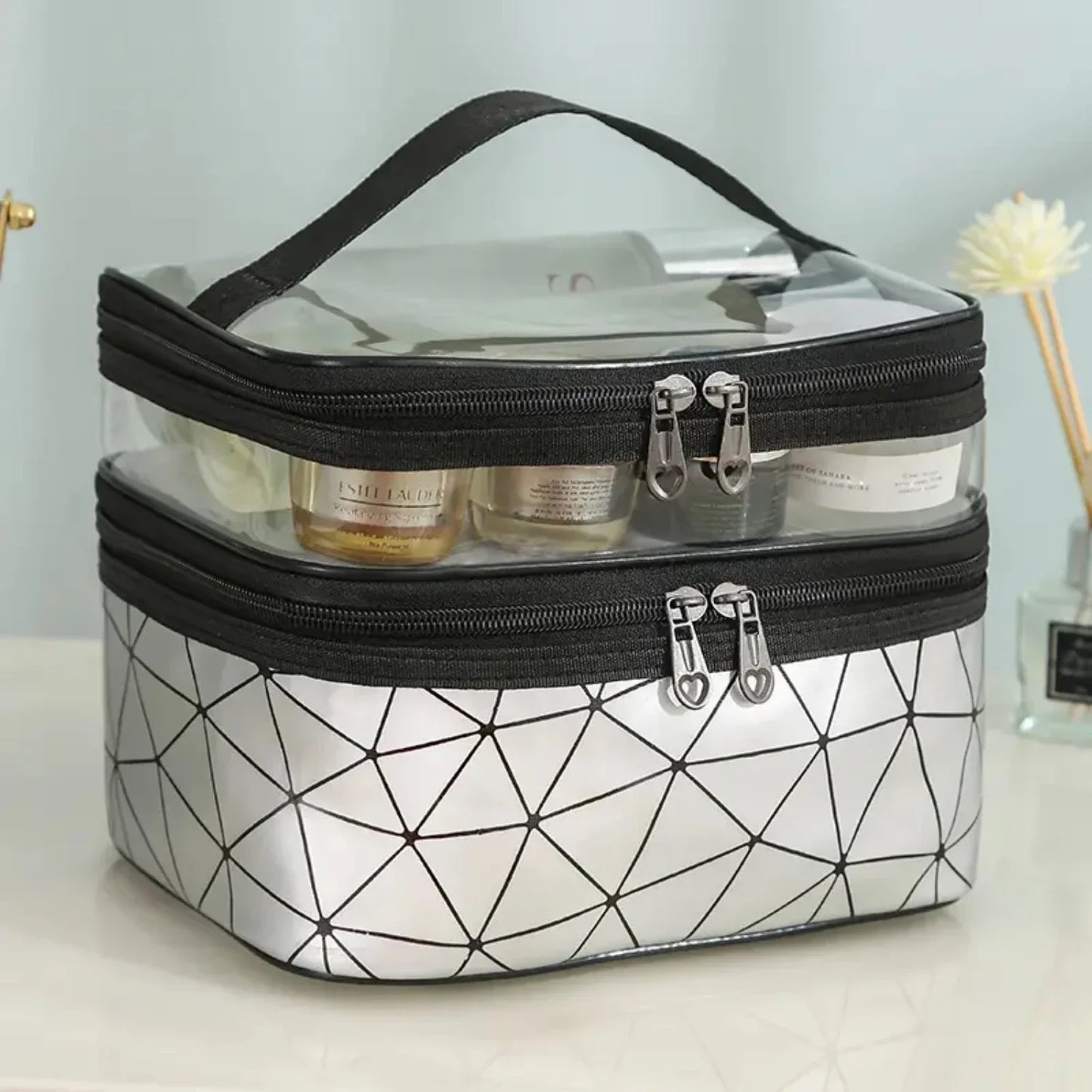 Portable Clear Waterproof Makeup Bag Organizers with Double Layer Design for Travel, Zippered Cosmetic Tote Bag