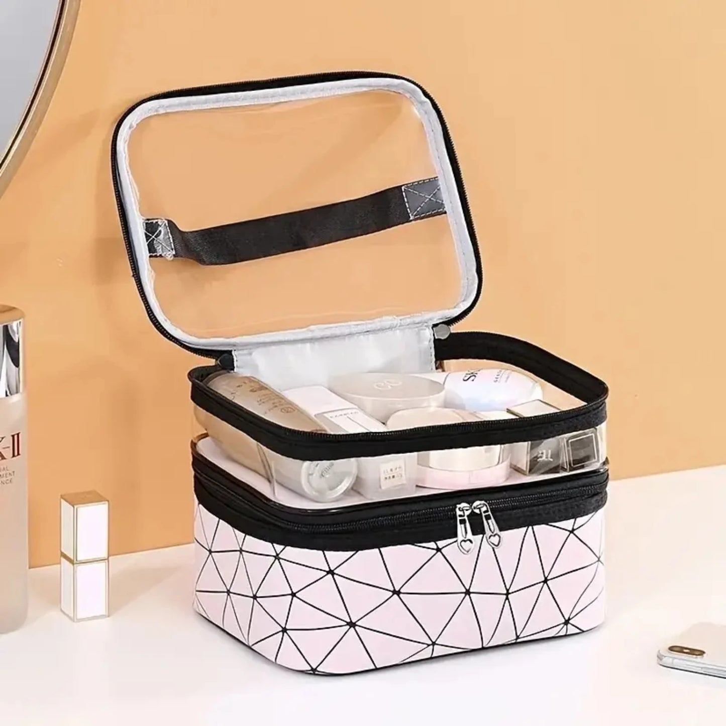 Portable Clear Waterproof Makeup Bag Organizers with Double Layer Design for Travel, Zippered Cosmetic Tote Bag