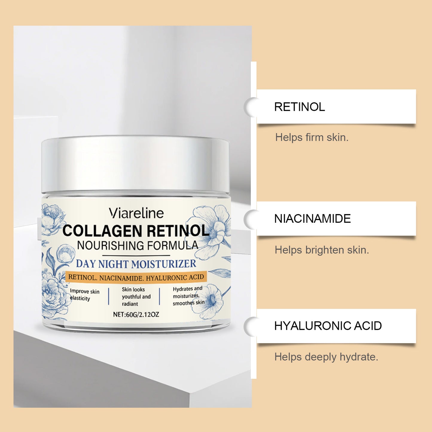 Viareline Retinol Moisturizing Cream Gentle Care Facial Skin Lubricating Elastic Tender Nourishing Moisturizing Cream
