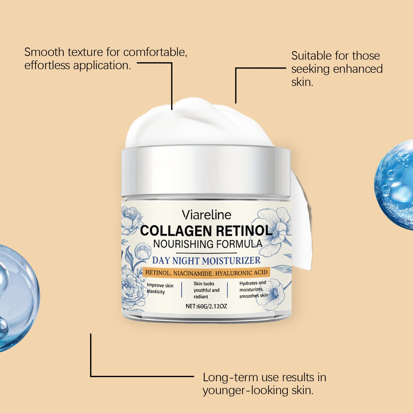 Viareline Retinol Moisturizing Cream Gentle Care Facial Skin Lubricating Elastic Tender Nourishing Moisturizing Cream