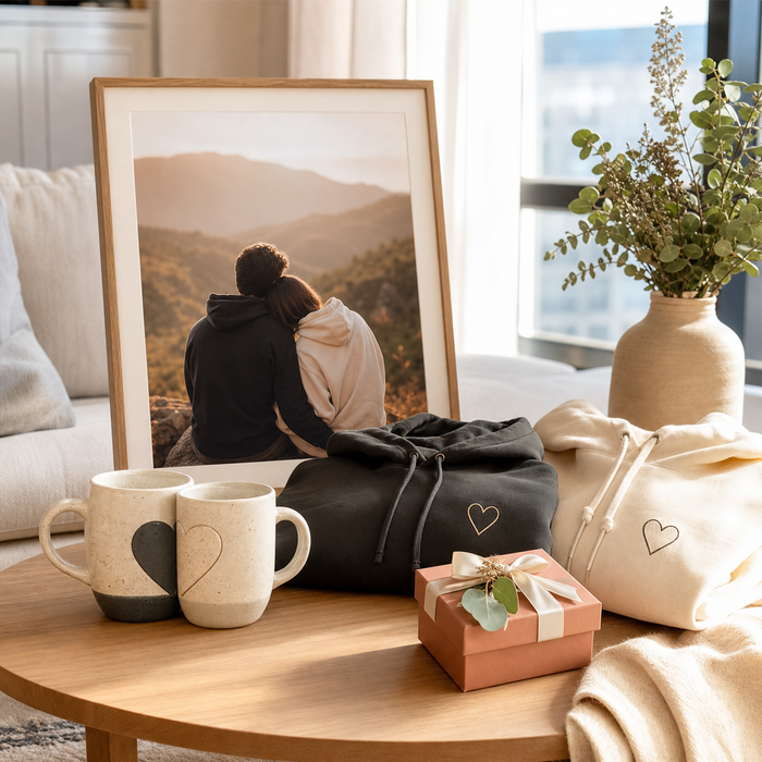 Personalized gifts for couples on a warm apartment coffee table
