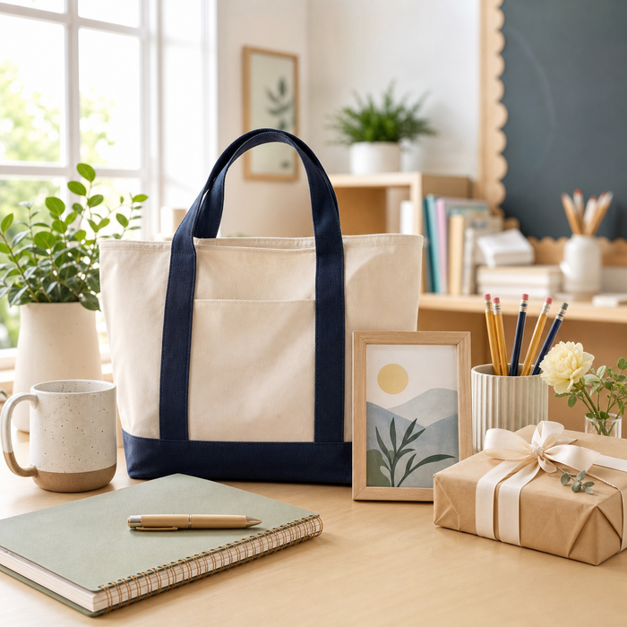 Personalized teacher appreciation gifts on a bright classroom desk