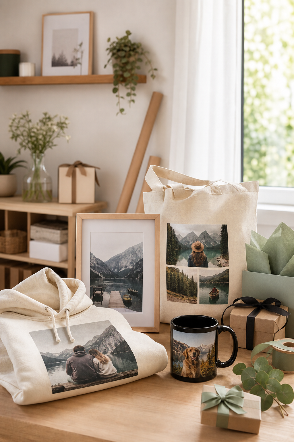 Personalized print on demand gifts arranged in a bright home studio